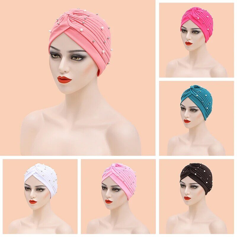African Headwrap สุภาพสตรี Head Wraps อินเดียหมวก Hijabs หมวก Beaded หมวกโพกหัว Soild สีผ้าฝ้ายผ้าโพกศีรษะด้านใน Hijab หมวก