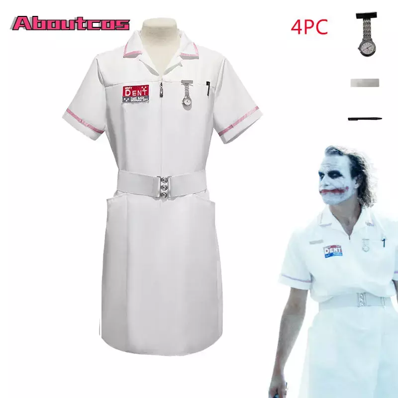 Aboutcos-disfraces de Halloween de película de miedo para hombre adulto, disfraz de payaso y enfermera, uniforme de Joker, vestido blanco