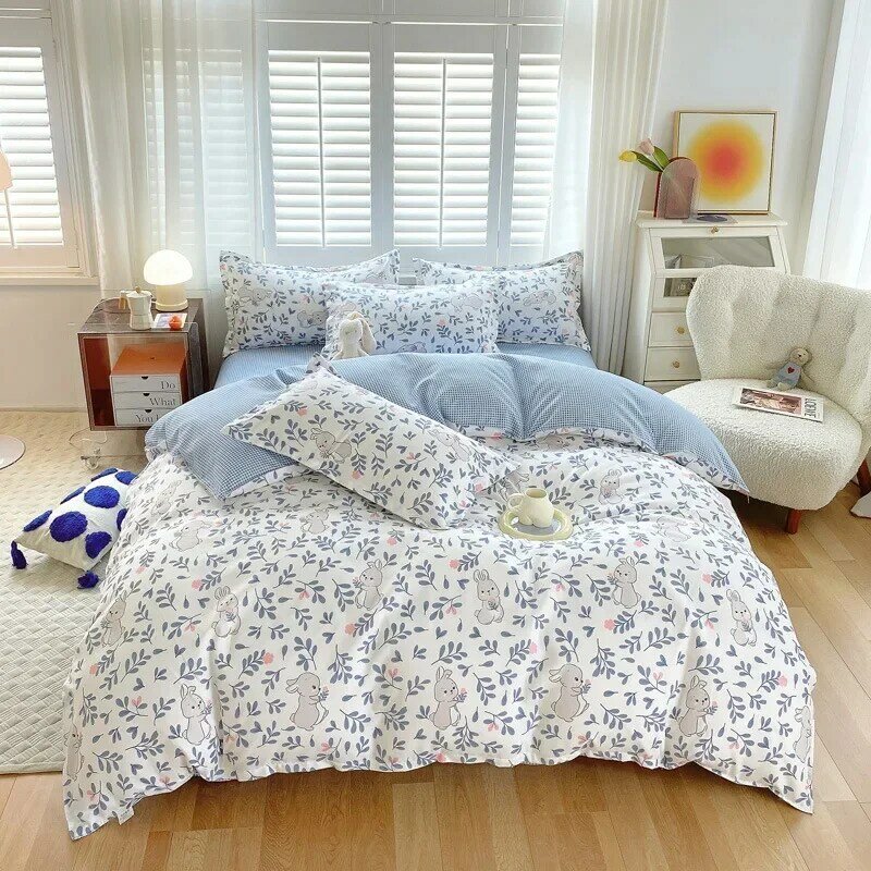 Ins Style Bedding Set Nordic Single Double Flat Sheet Duvet Cover Pillowcase Soft Microfiber Simple Fresh Comfortable Bed Linen