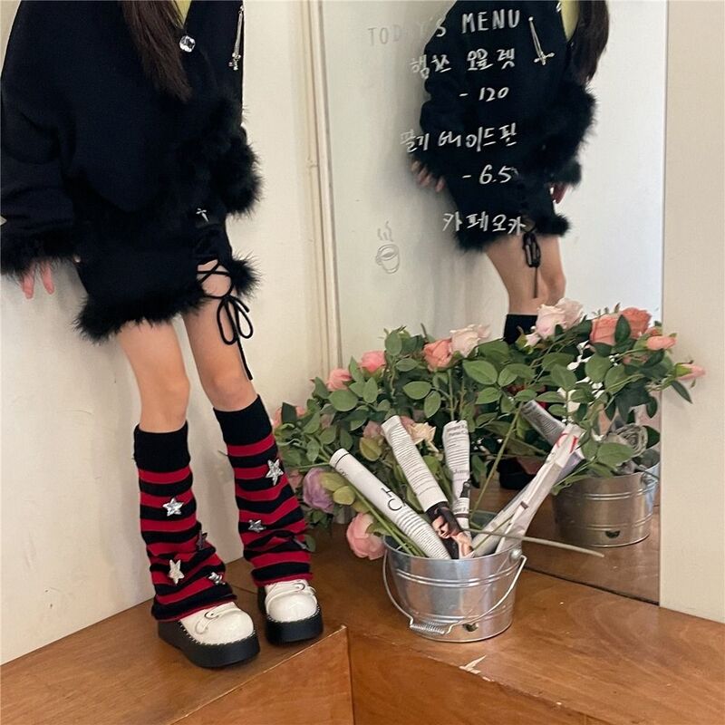 Aquecedores de perna estilo japonês para mulheres, lantejoulas JK, padrão listrado, meias meio tubo, capas para pés, acessórios de vestuário, inverno