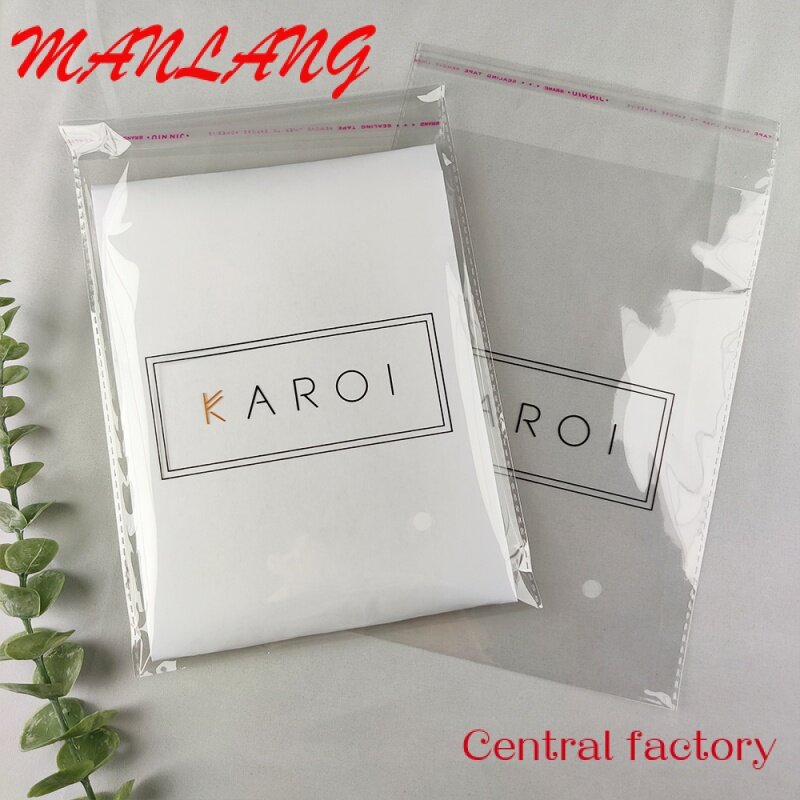 Paquete de ropa con logotipo personalizado de fábrica, bolsa de plástico OPP, bolsas de celofán transparentes resellables con sello autoadhesivo