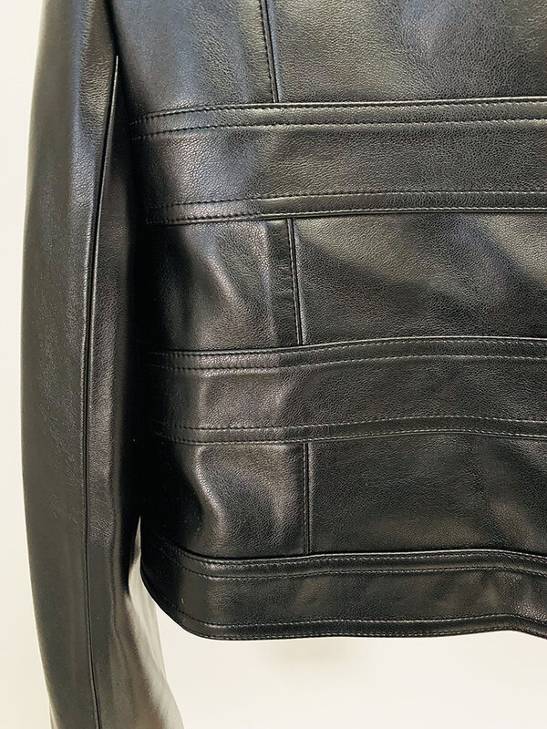 Leather Jacket 2023 Autumn New European and American Fashion Round Neck Lion Fastener Decoration Cropped Leather Coat Feminino