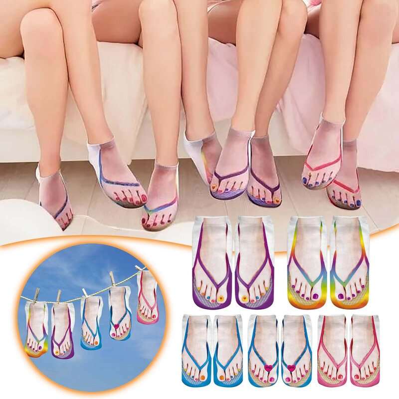 Meias de impressão de manicure padrão 3D para mulheres, Flip Flop, meias engraçadas escondidas, terno de tornozelo de corte baixo, 5 pcs