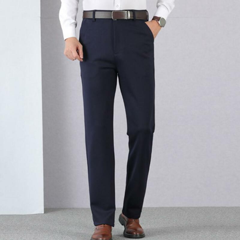 Celana kasual pria, celana setelan klasik pria kasual bisnis saku panjang penuh celana kerja Hombre Solid pinggang tinggi lurus celana Formal kantor