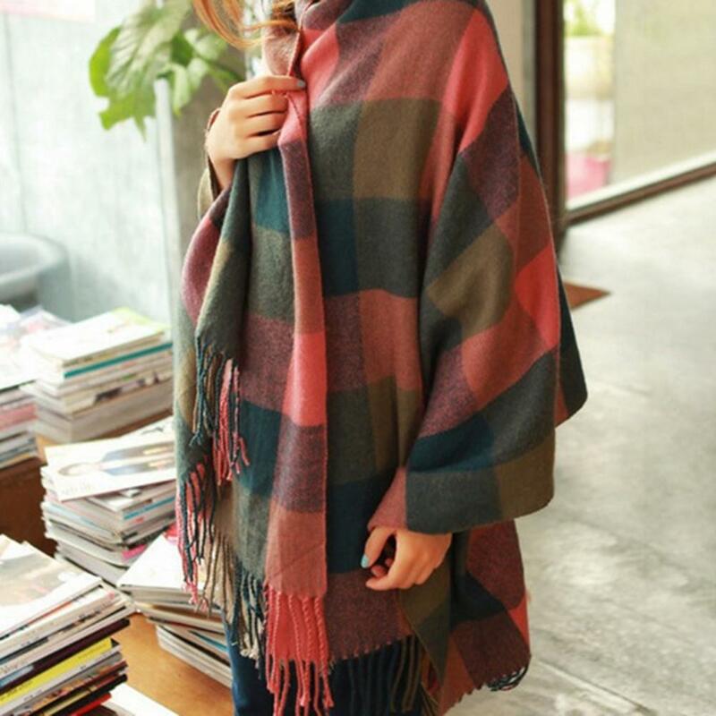 Теплый шарф, элегантная зимняя шаль, разноцветный шарф с клетчатым принтом и отделкой кисточками, плотный теплый модный аксессуар из искусственного кашемира