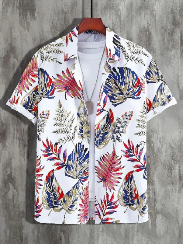 Men's Summer Botanical Botanical Floral Print Pattern Button Short Sleeve Shirt Fashionable Seside Beach Lapel Top (باللغة الإنجليزية)