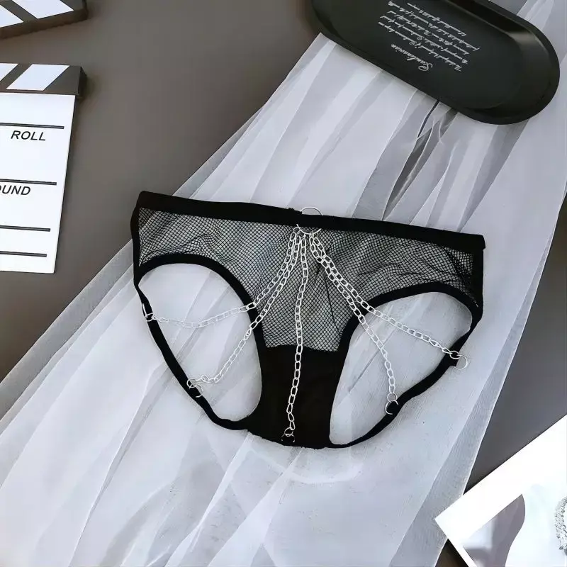 Nowe seksowne otwarte krocze Mini majtki damskie siatkowa perspektywiczna bielizna damska koronkowe metalowe stringi bez krocza bielizna erotyczna
