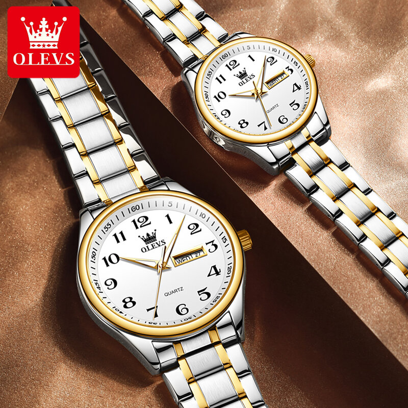 Olevs 5567 Klassieke Dubbele Kalender Quartz Paar Horloge Origineel Roestvrij Staal Nummer Schaal Waterdicht Luxe Horloge Voor Mannen Vrouwen