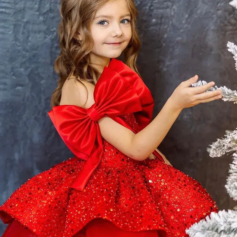 Rote Pailletten Kleid Blumen mädchen Kinder Taufe Outfit Kinder elegante große Bogen Kleider Boutique Geburtstags feier Tutu Vestidos passend