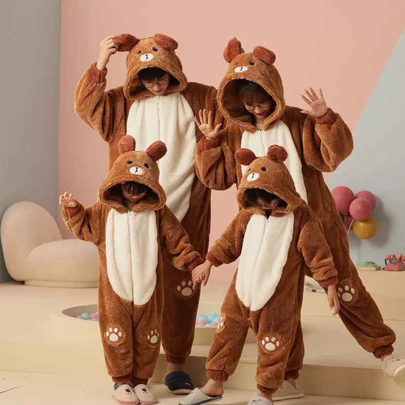 Conjunto de ropa de dormir para padres e hijos, mono grueso con capucha, oso de dibujos animados, Kawaii, suave y cálido, Invierno