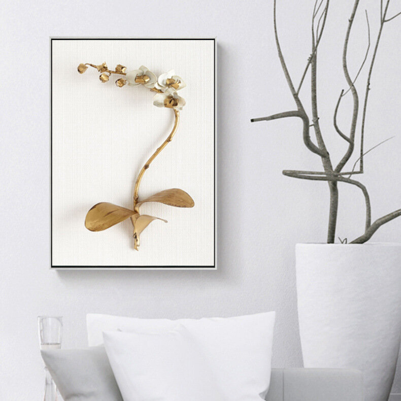 Golden flower and leaf mural, modern living room decoration painting, corridor study canvas painting poster