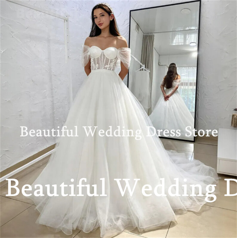 New Beach White Wedding Dress Off-Shoulder Sleeveless Lace Appliques A-Line Tulle Floor-Length Vestidos de novia 2024 Bridal Gow