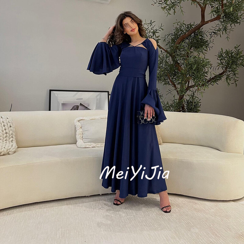 Meiyijia  Evening Dress Saudi Long Sleeves Ruffle  Crepe Sash A-Line Arabia  Sexy Evening Birthday Club Outfits Summer 2024