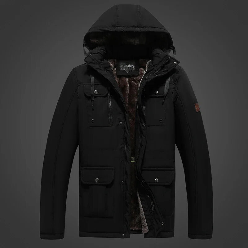 Winter Parkas Men Fleece Warm Jacket Multiple Pockets Thick Windbreaker Solid Color Windproof Coat Black Male Chaquetas