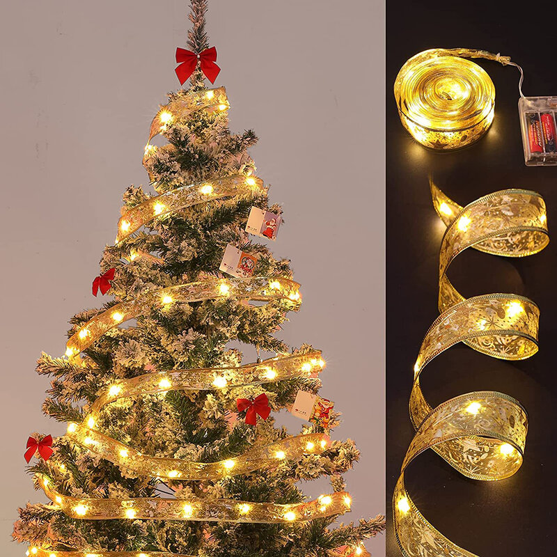 Christmas Ribbon String Lights 16FT 50 LED Battery Operated Christmas Tree Ornaments For Christmas Wedding Party Wall Decoration