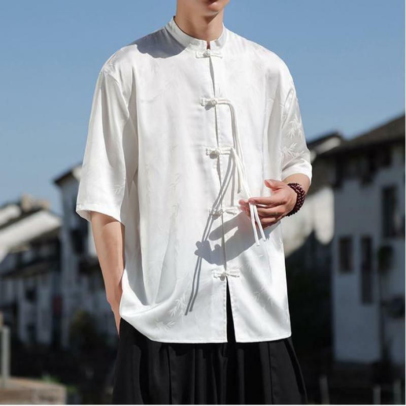Camiseta de traje Tangs para hombre, camisa corta de Color sólido con cuello levantado, camisa de Kung Fu chino, ropa de calle de verano, camisas de talla grande 5XL