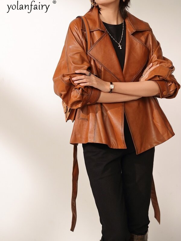 Женская куртка из натуральной овечьей кожи, винтажная Байкерская мотоциклетная куртка, женская кожаная куртка KJ5934, весна-осень 2023