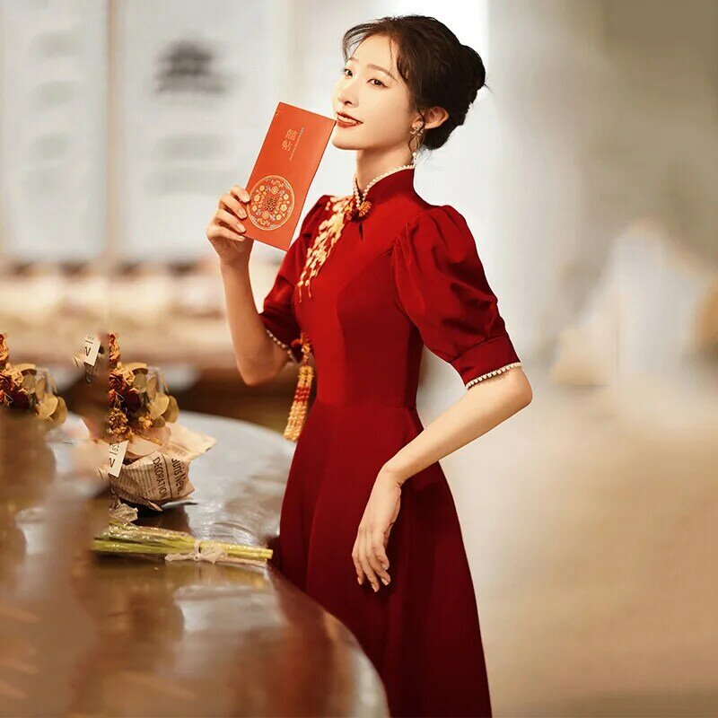Phụ Nữ Retro Tiếng Phổ Thông Trung Quốc Cổ Áo Váy Cưới Cô Dâu Gợi Cảm Thêu Hoa Dự Tiệc Váy Bầu Tay Phồng Qipao Plus Size 3xl