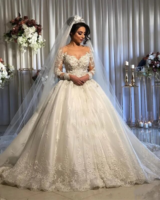 Princess Lace Beaded Arabic Wedding Dresses Sheer Neck Long Sleeves Tulle Bridal Dresses Sexy Vintage Gowns