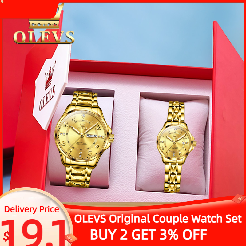 Olevs-男性と女性のための防水ステンレス鋼のカップルの時計、クラシックカレンダー、オーバーウォッチのセット、クリスマスギフト、2910、新しい