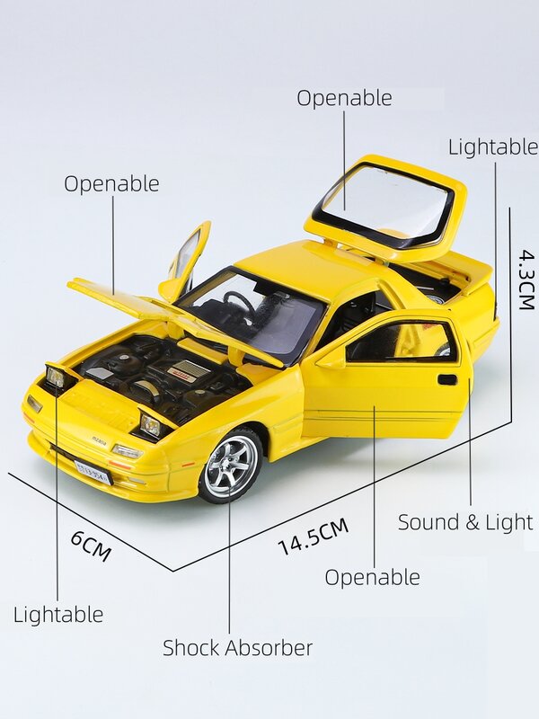 1/32 Mazda RX7 Initial D Miniature Diecast RX-7 Toy Car Model Sound & Light Doors Openable Collection Gift for Children Boy Kid