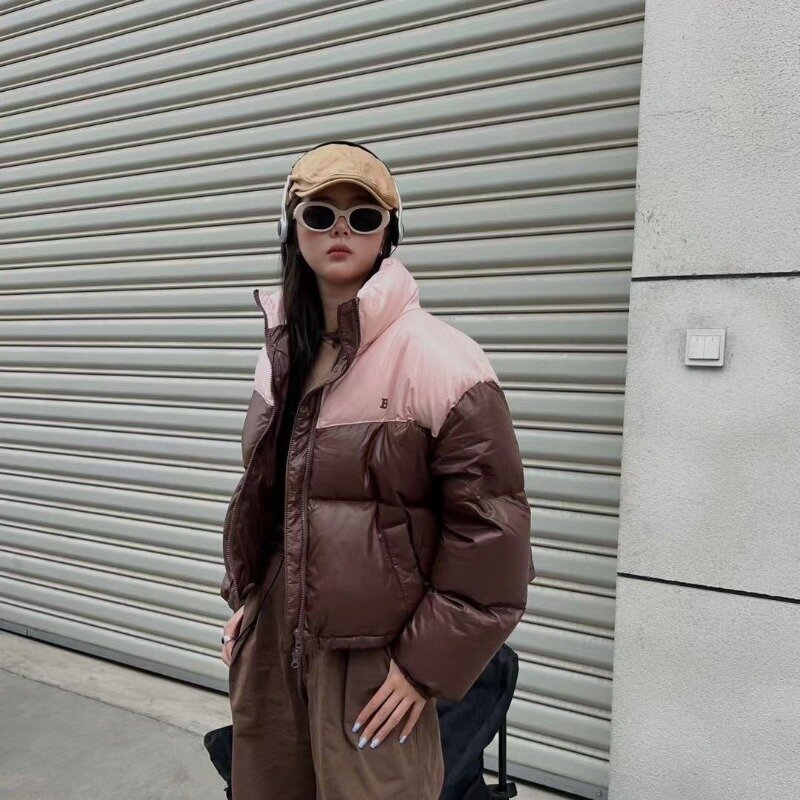 Korean Version of The Color Blocking Down Jacket Female Short Thickened White Duck Down Bread Clothing Coat Casual Down Coats