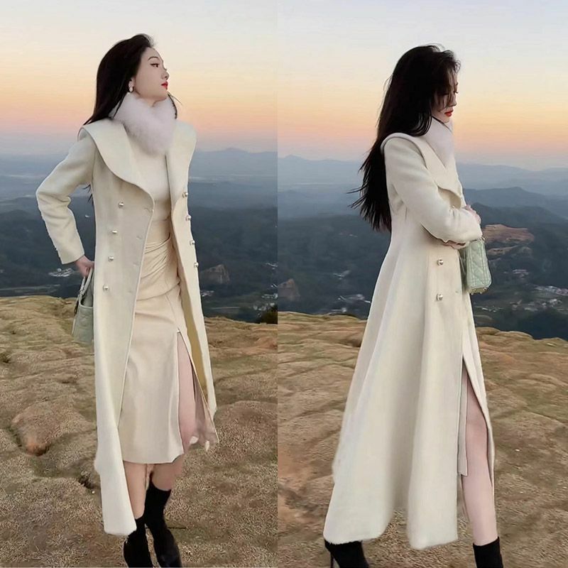 Chaqueta cortavientos de lana para mujer, abrigo largo de doble botonadura, con solapa delgada, a la moda, para otoño e invierno, novedad de 2024