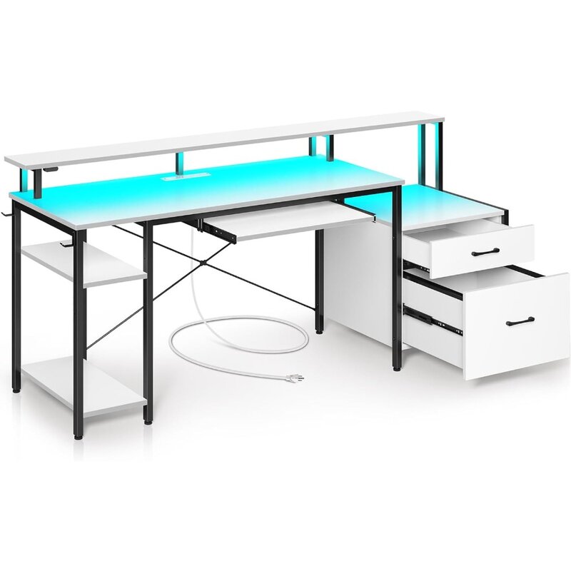 Rolanstar meja komputer 65 "dengan laci File, meja Gaming dengan lampu LED & outlet daya, meja kantor rumah dengan File