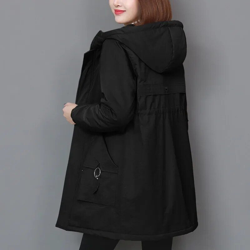 Pakaian wanita bantalan katun, jaket wanita saku bertudung, mantel tebal katun longgar Korea musim dingin tetap hangat sedang dan panjang