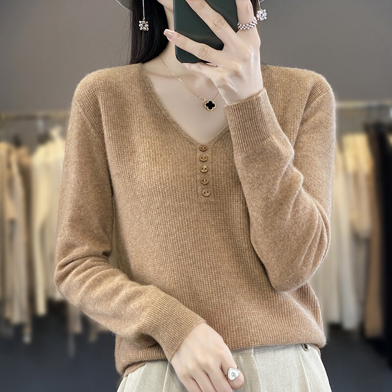 Women's Pullover Autumn New Worsted Wool Sweater Casual Solid Color Knitwear Ladies' Tops Loose V Neck Blouse Button