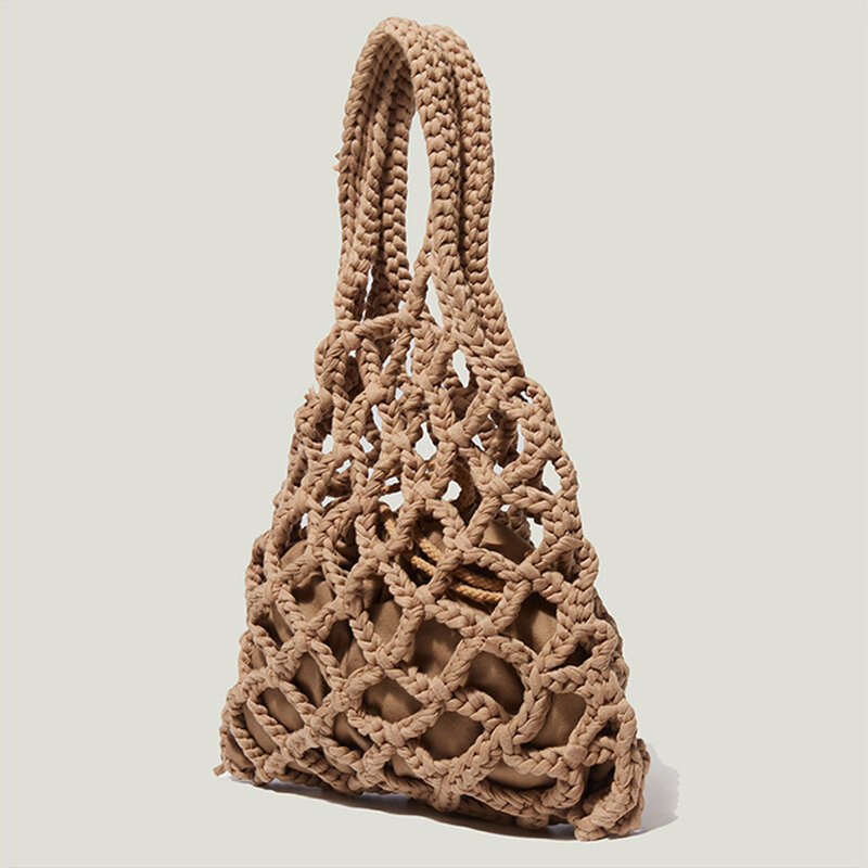 Cotton Rope Woven Women's Handbags 2 Piece Mesh Bag Designer Bohemian Summer Straw Beach Bags Female Cutout Tote Bag Purses