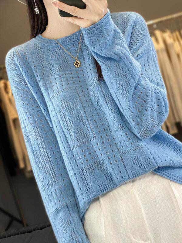 Nowy elegancki damski sweter wiosenno-jesienny Hollow z długim rękawem sweter z dekoltem w kształcie litery "o" 100% wełna merynosów dzianinowy luźny sweter odzież damska