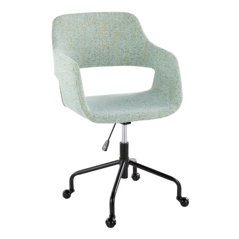 Współczesne, regulowane krzesło biurowe Margarite z elegancką czarną metalową ramą i elegancką jasnozieloną tapicerką z tkaniny firmy LumiS