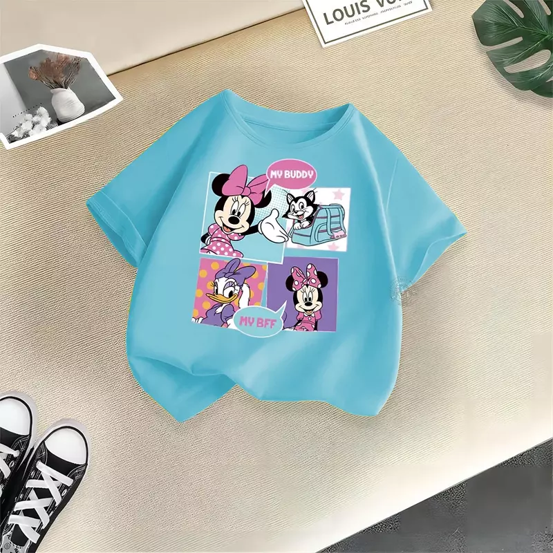 디즈니 키즈 여름 의류, 귀여운 미키 미니 캐주얼 면 티셔츠, 아기 소년 소녀 라운드넥 면 티셔츠 탑