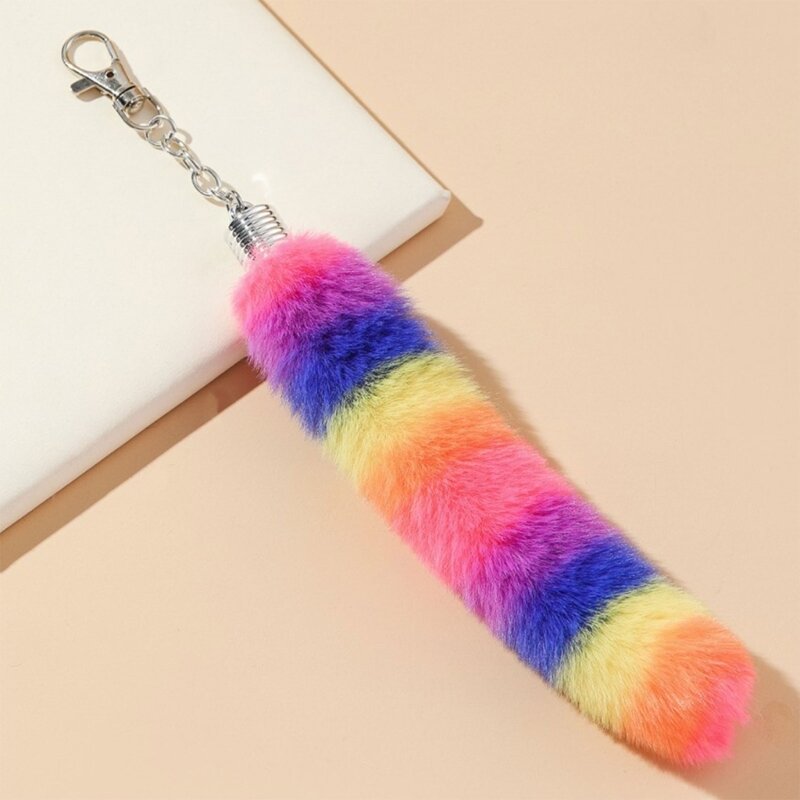Rainbow Tail Backpack Plush Pendant Furry Furs Keychain Decoration Handbag Hanging Ornament Accessories Female Gift