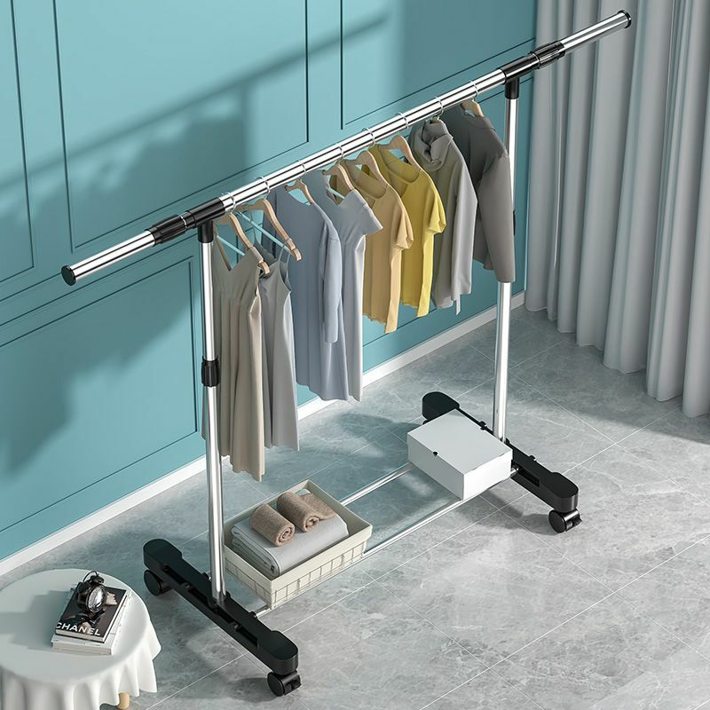 Tainless Steel Floor Drying Rack Double Pole Lifting Clothes Hanger Telescopic Mobile Hanging Clothes Rack Bedroom Coat Rack