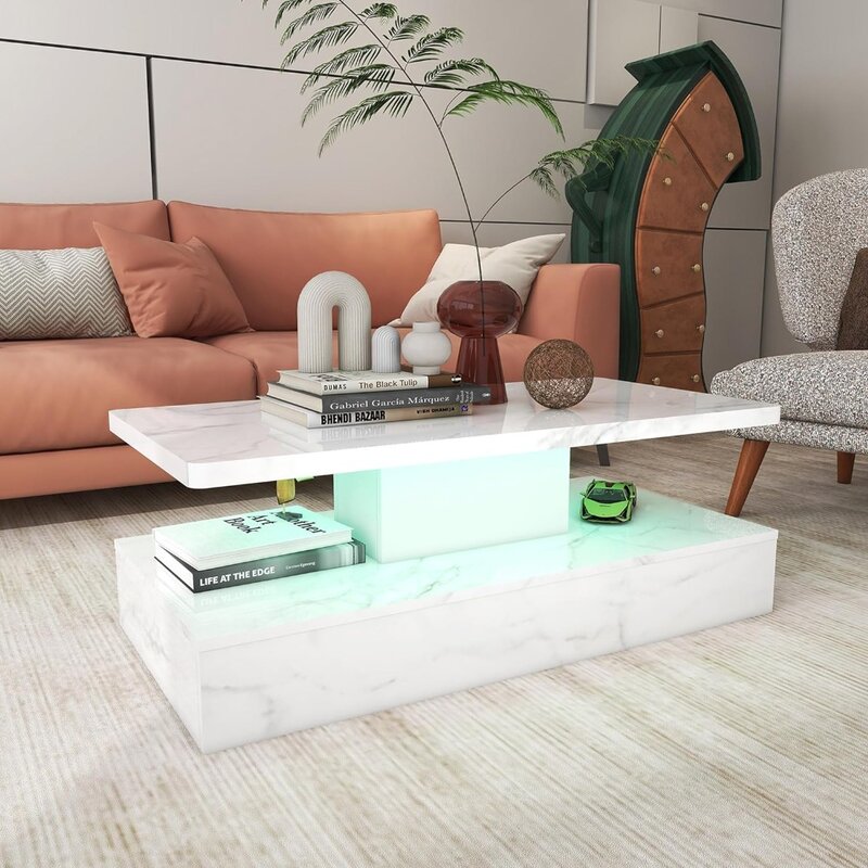 LED Coffee Table, High Gloss Marble Surface Coffee Table with LED Light, Modern White Living room table, sofa table LED Light