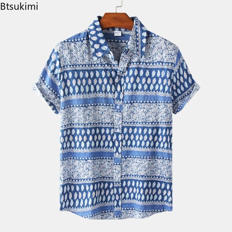 Korean Style Short Sleeve Shirts Men's Fashion Striped Hawaiian Holiday Casual Blouse Comfort Loose Contrast Color Shirt for Men