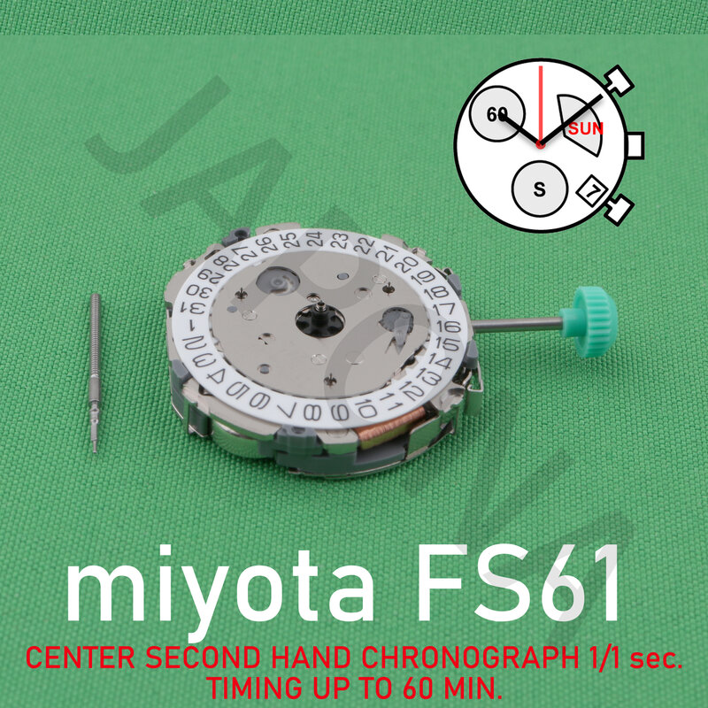 حركة ساعة Miyota FS61 ، المركز الثاني ، التوقيت اليدوي ، حتى 60 دقيقة ، التاريخ ، من الدرجة الثانية ، التوقيت