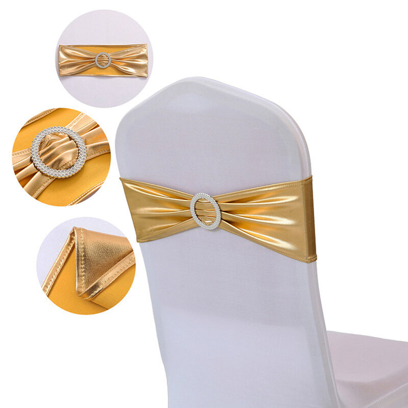 バックル付きスパンデックスチェアベルト,伸縮性のあるゴールドの椅子カバー,ホテルの宴会とイベント,椅子の装飾,10個,50個