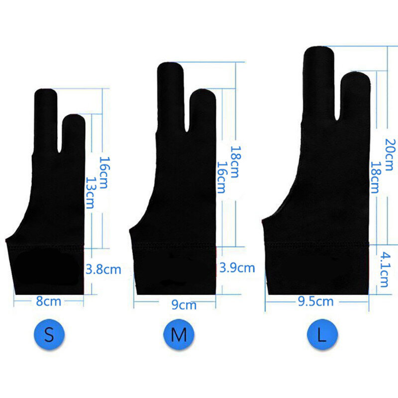 1pc preto dois dedos anti-incrustação luva, 3 tamanhos, para design artístico, tablet gráfico, luvas domésticas, mão direita e esquerda