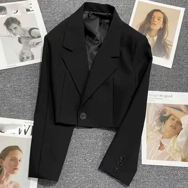 Blazer de botão único feminino, manga longa, terno de escritório, jaqueta monocromática feminina, gola de corte curto, tops curtos, estilo coreano