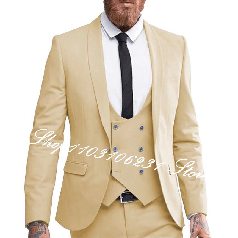 Fatos formais slim fit masculino, azul marinho, lapela xale, smoking elegante do noivo, blazer de casamento, calças de colete, 3 peças
