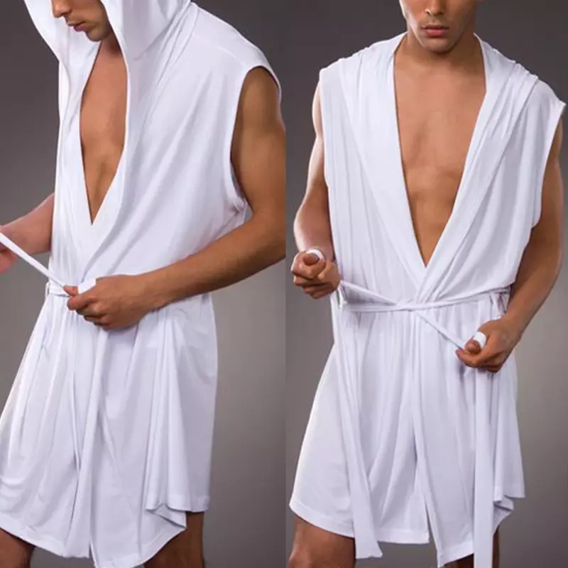 Men's Home Bathrobe Sleeveless Silk Smooth Male Hooded Bathrobe Pajama Comfortable Ultra-thin Bathrobe Lingerie Loose Underwear