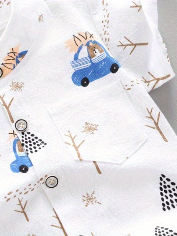 유아 및 유아용 곰 운전 패턴 반팔 반바지 세트, 야외 스탠딩 칼라 셔츠, 여름 패션, 2 가지 풀 프린트