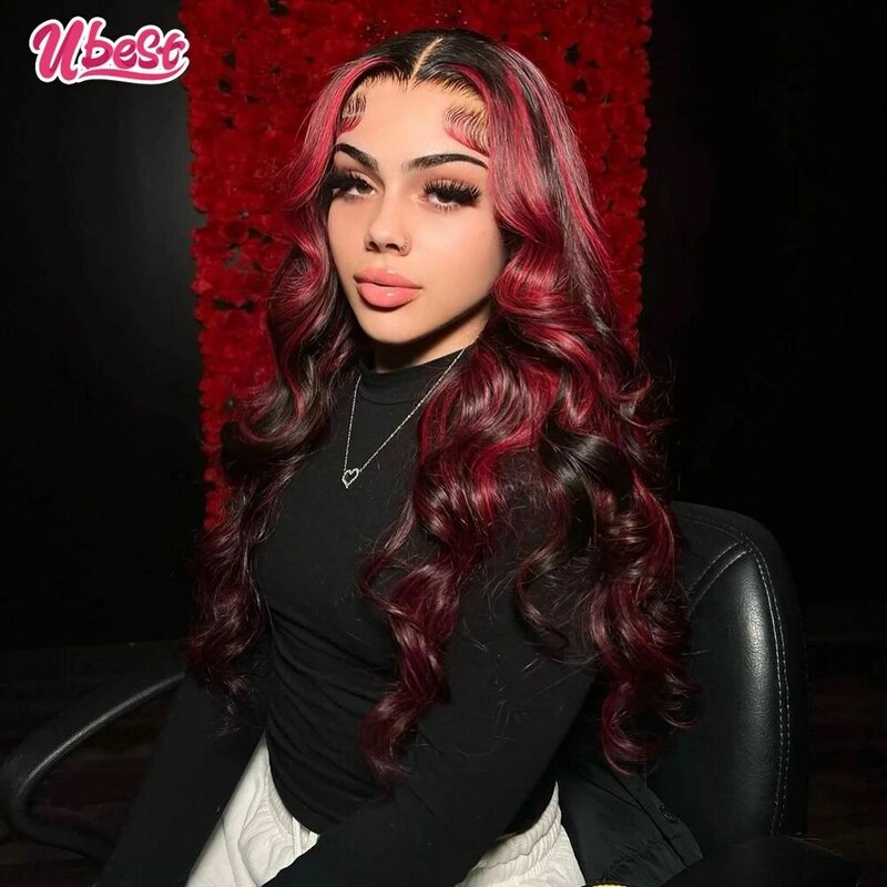 Ombre 1B Red Colored 13X6 Body Wave Transparent Lace Front Wigs Human Hair 200％ Density Brazilian Hair Glueless Remy Hair Wigs