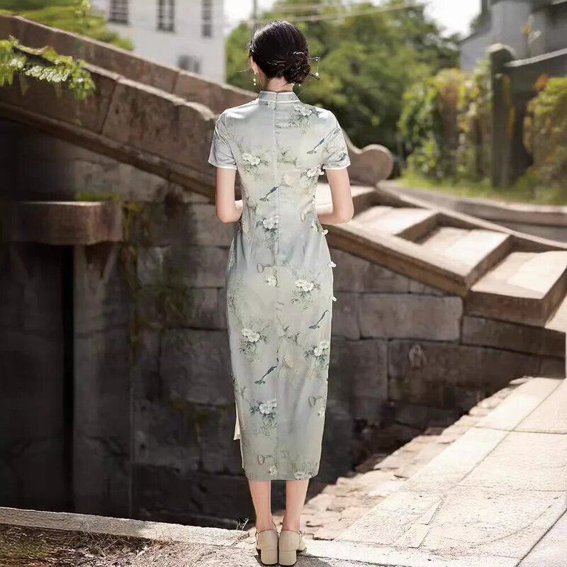 Robe de Soirée en Satin Imprimé Floral pour Femme, Tenue Sexy, Manches Courtes, Élégante, Col Mandarin, Cheongsam, Qipao