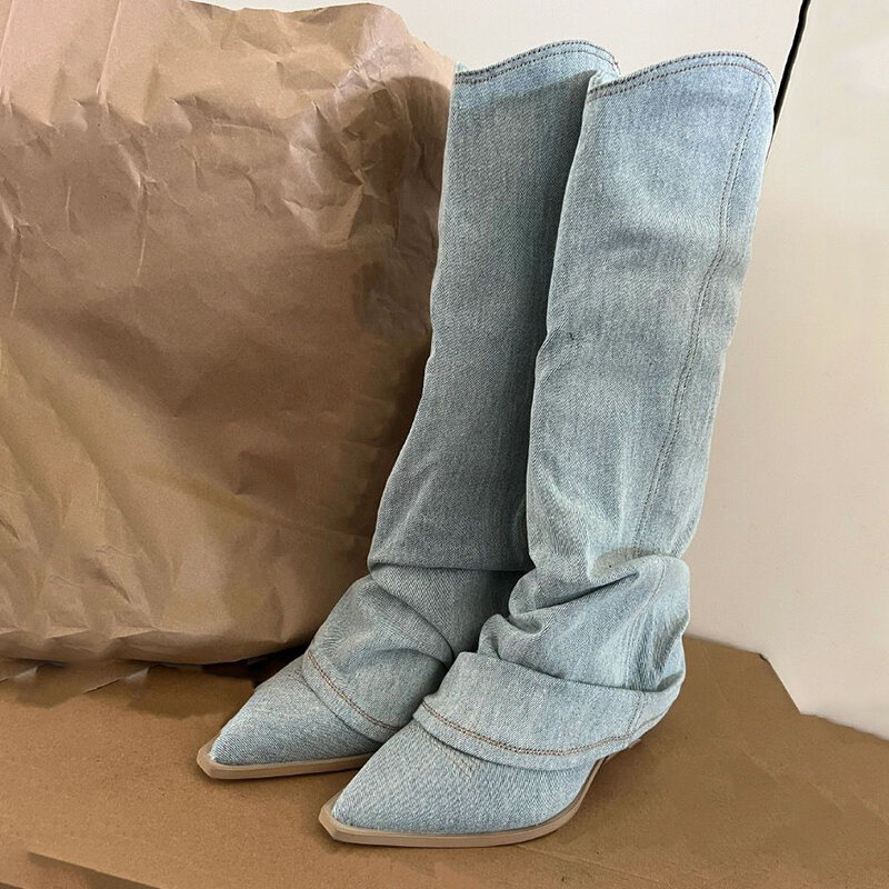 Женские джинсовые сапоги до бедра, синие ковбойские сапоги на толстом каблуке, с острым носком, без застежки, сапоги в западном стиле, для весны, 2024