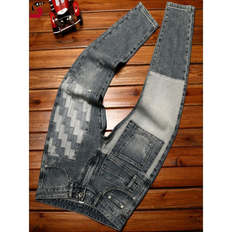 High-End leichte Luxus jeans für Herren Mode trend ige Slim Fit gerade lässig vielseitige elastische Kontrast farbe Jeans hose