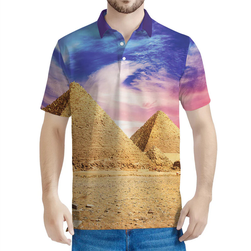 Polo con estampado 3D de pirámide antigua para hombre, camiseta informal de calle de gran tamaño, manga corta con botón de solapa de verano